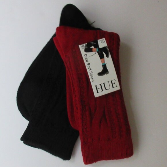 HUE Cable Ribbed Crew Length Boot Socks 2 Pack Black / Red One Size Made in USA - Picture 2 of 15
